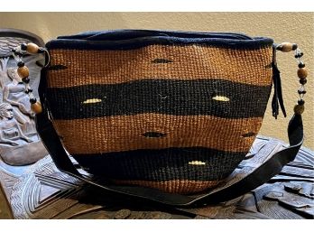 Small Beautiful Sisal Woven Bag With Leather And Bead Strap From Kenya
