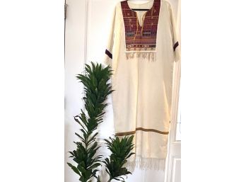 Fabulous Vintage Cotton Linen Woven Caftan With Embroidered Bib Front From Southern Tunisia