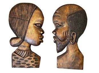 Hand Wood Carved Profiles Wall Hangings Signed Keme From Democratic Republic Of Congo