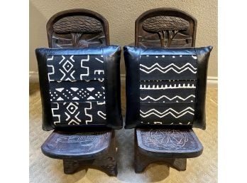 Pair Of Mudcloth Bogolan And Leather Pillows From Ghana