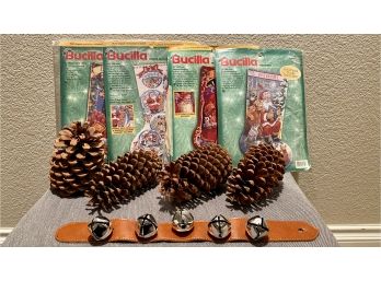 Collection Of Holiday Decor Including Bucilla Needlepoint Stocking Kits