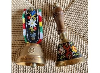 Collection Of Two Folk Art Bells From Switzerland And England Including Hand Painted Bell By Anne Young