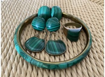 Beautiful Grouping Of 1970's Malachite Pieces Including Three Pairs Of Earrings, Ring, And One Bangle (DRC)