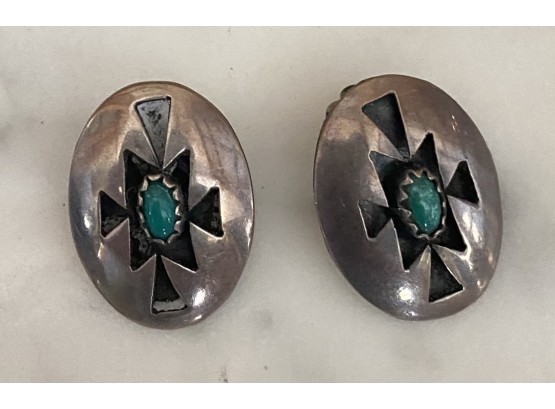 Old Pawn Navajo Turquoise And Sterling Silver Earrings