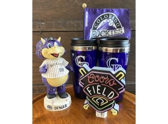 Collection Of Colorado Rockies (2) Thermos' (1) Bobble Head And Night Light
