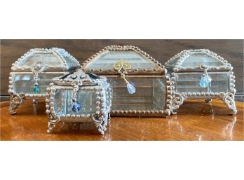 4 Bedazzled Glass Trinket Boxes With Silver Tones Edges