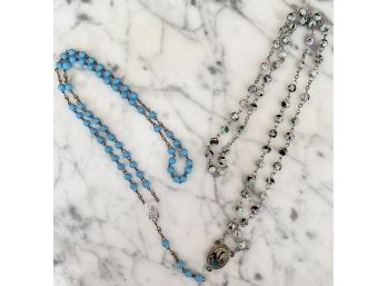 (2) Vintage Bead Religious Necklaces With Enamel Mother Of Mary Pendant