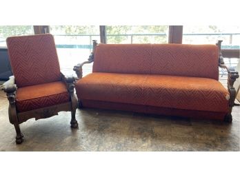 Antique Hand Carved Lion Handle Chair And Sofa Sleeper With Orange Pattern Velvet And Lion Feet