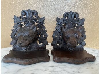 Pair Of Black Forest Style Carved Bear Bookends