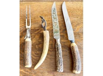 Lot Of 4 Bone Carved Kitchen Utensils Incl. Knives Bottle Opener And Fork