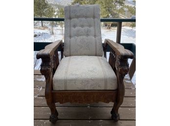 Rare Antique Recliner With Carved Lion Arms And Footed Pedestal Feet