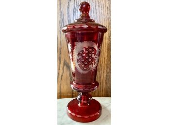 Red Cranberry Etched Glass Vanity Jar