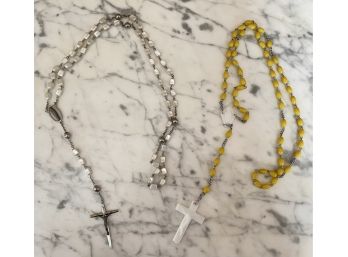 Two Bead Rosaries (1) INRI Gold Cross And One Yellow Bead And Plastic White Cross
