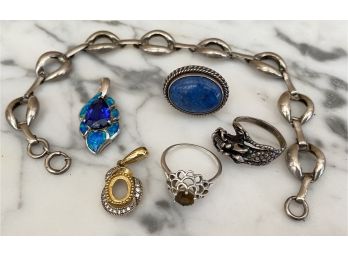 Vintage Sterling Lot Link Bracelet, (1) Yellowhorse Earring, (2) Sterling RIngs & (2) Pendants