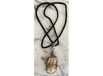 Elk Silver Wrapped Tooth Necklace On Black Cord