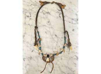 Vintage Turquoise Animal Claw, Tooth And Sterling Silver Necklace With Leather Braid