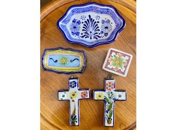Collection Of Mexico Signed Colorful Pottery Hernandez Crosses & Dishes