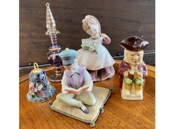 Vintage Collection Including Wood & Son Miniature Mug, Cloisonne Bell, Ardault Japan Figurine & Glass Perfume