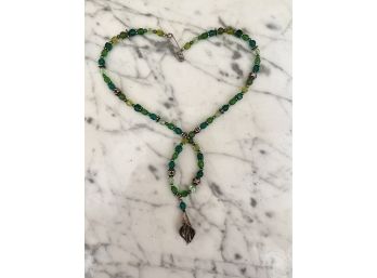 Sterling Calla Lily And Green Glass Bead Necklace With Sterling Beads Pendant
