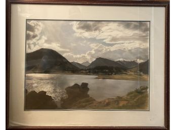 Large Unsigned Charcoal Lake & Mountain Landscape Framed
