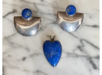 Sterling Blue Stone Heart Pendant And Earrings (possibly Lapis)