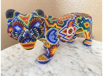 Hand Beaded Huichol Folk Art Jaguar Sculpture