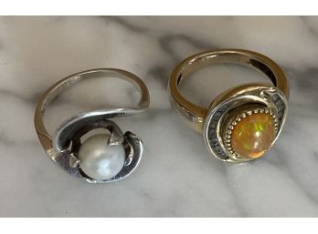 Two Sterling Silver Rings (1) With Faux Pearl And (1) With Faux Orange Opal