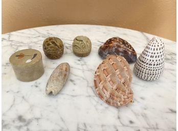 Collection Of Carved Soapstone Trinket Dishes And Sea Shells