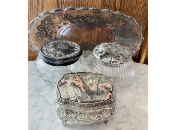 Lot Of Trinket Boxes L, A Music Box, And A Glass Dish With Silver Tones Edges