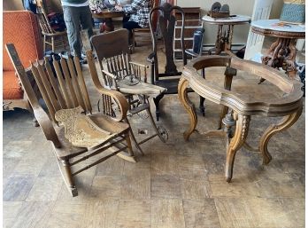 Antique Furniture Including Rocker, Oak High Chair & Stroller, Tall Table With Carved Legs & Chair Repair