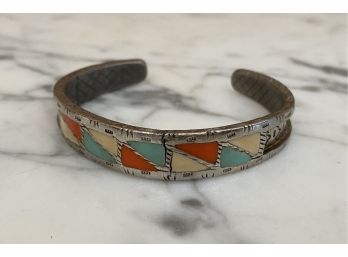 Silver Tone Enamel Inlay Western Style Cuff Bracelet
