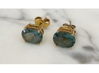 14K Gold Post Earrings With Blue Green Stones