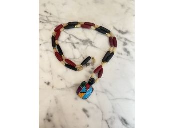 Black Onyx Turtle Fetish Necklace With Inlay, Turquoise, Malachite