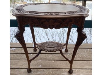 Ornate Antique Hand Carved Wood Table With Rosette Medallion Detail