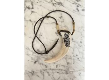 Large Tooth Necklace With Hand Painted Butterfly On Leather Strap With Metal Beads