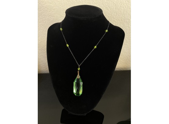 Vintage Costume Jewelry Necklace With Green Crystal Pendent