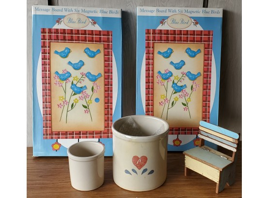 (2) Blue Bird Vintage Magnetic Boards, A Roseville Small Crock & A Heart Crock, Small Handmade Bench