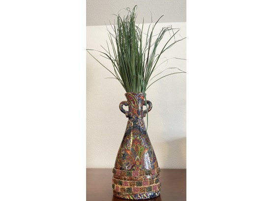Large Colorful Vase With Faux Grass