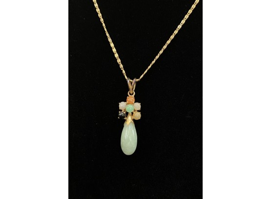 Greek Charm Jade And Precious Stones 14k Gold Chain And Pendant
