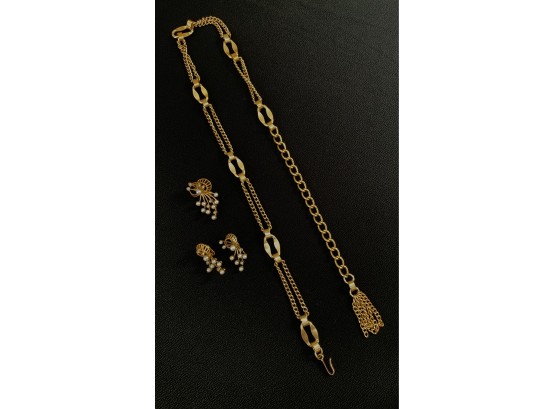 Gold Tone Necklace W/ Emmons Earrings And Pin Set