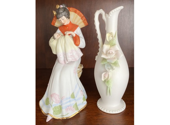 Porcelain Vase And A Porcelain 1986 Asian Mother With Baby Figurine