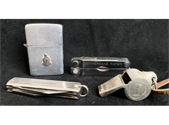 Lot Of Vintage Mens Accessories Incl. A Vintage Lighter, Leatherman Tool, Pocket Knife And Rawlings Whistle