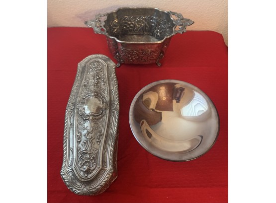 (3) Silver Plate Pieces Including A Rogers By Oneida Compote, Ornate Covered Dish And Handled Dish With Grapes
