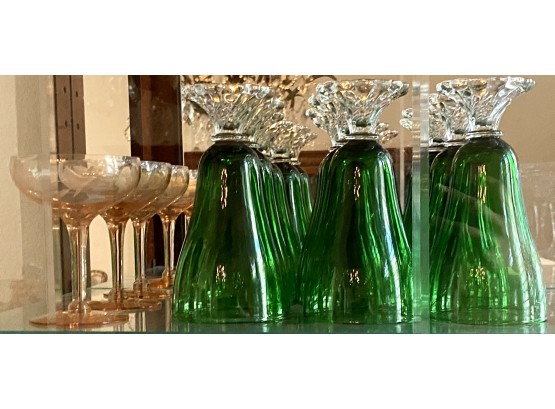 Vintage Green Water Glasses And Three Pink Depression Etched Glass Champagnes