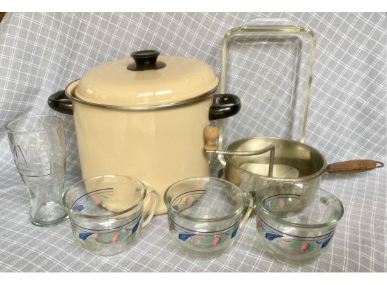 Kitchen Lot Including Fire King Glass Dish, Vintage Mcdonalds Glass, And Vintage Foley Food Mill Sifter