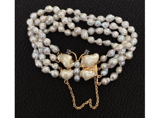 Stunning 14k Antique Gold Pearl Multi-Strand Butterfly Bracelet