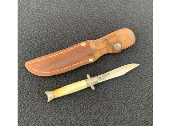 Small Knife With Mother Of Pearl Handle WIth Leather Holster