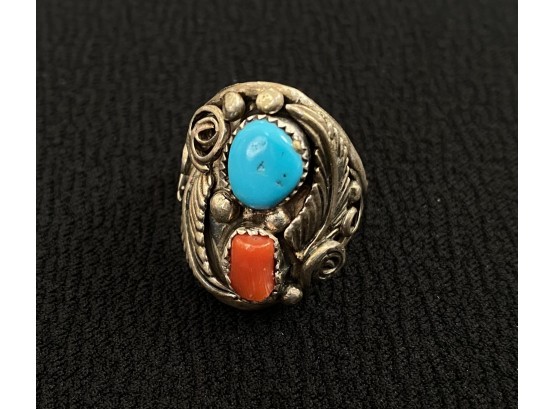 Sterling Silver Turquoise & Coral Ring By R Brow Size 7.5