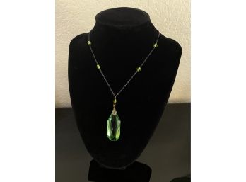 Vintage Costume Jewelry Necklace With Green Crystal Pendent