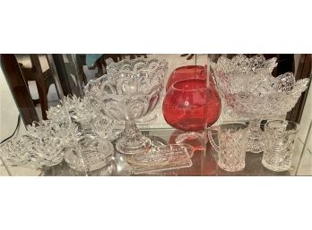 Large Collection Of Crystal And Glass Including Prism Candle Holders, Red Fish Bowl, Large Compote & Pitchers